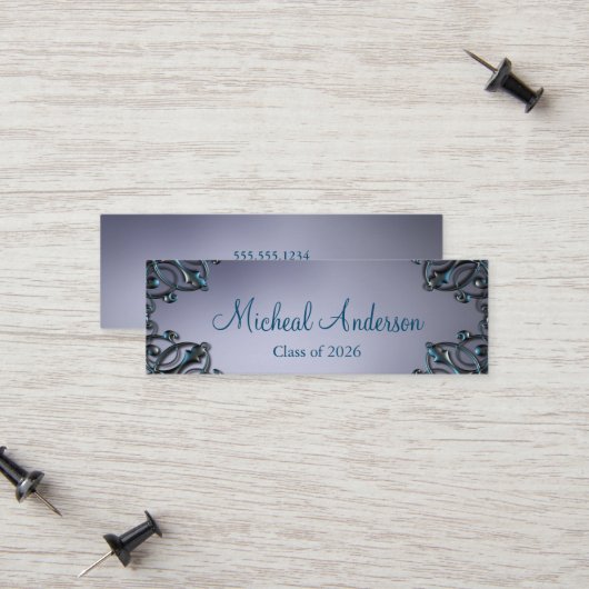 Elegant Silver Afstuderen Name Card Contactkaartje (Voorkant / Achterkant in situ)