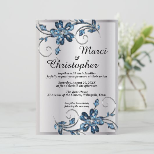 Elegant Silver and Blue bruiloft-uitnodiging Kaart (Staand voorkant)