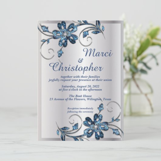 Elegant Silver and Blue bruiloft-uitnodiging Kaart (Staand voorkant)