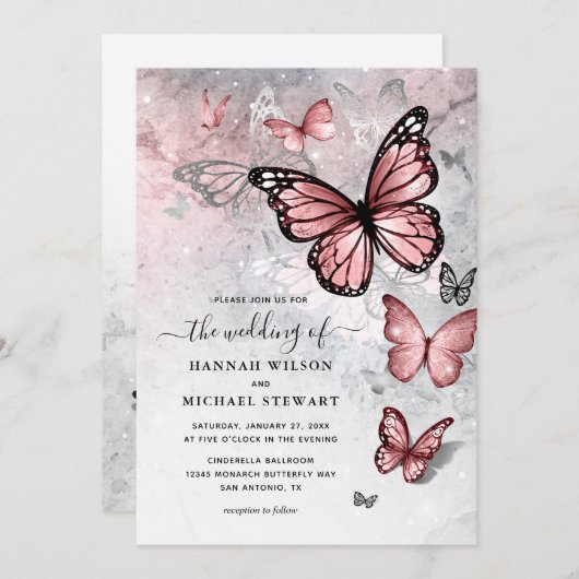 Elegant Silver and Pink Butterfly Wedding Kaart (Voorkant / Achterkant)