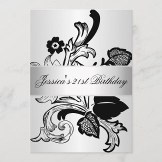 Elegant Silver Black Flowers Birthday Party Kaart