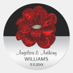 Elegant Silver, Black, Red Rose Wedding Seals Ronde Sticker