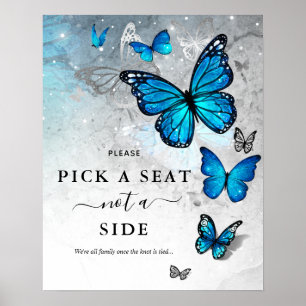 Elegant Silver Blue Butterfly Pick a Seat Wedding Poster