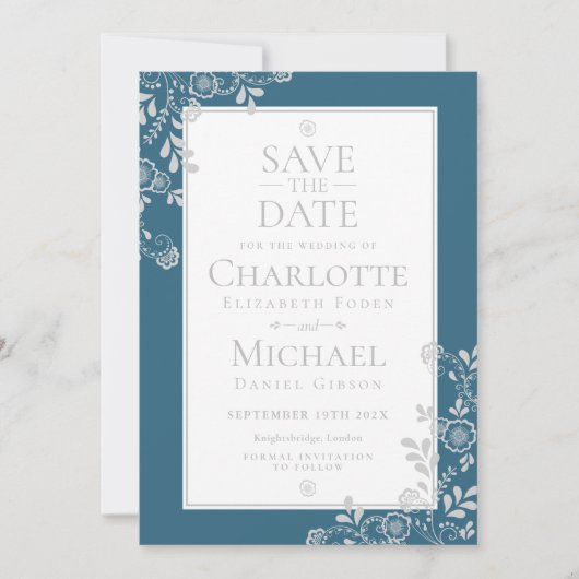 Elegant Silver Blue Floral Wedding Save the Date (Voorkant)