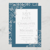 Elegant Silver Blue Floral Wedding Save the Date (Voorkant / Achterkant)