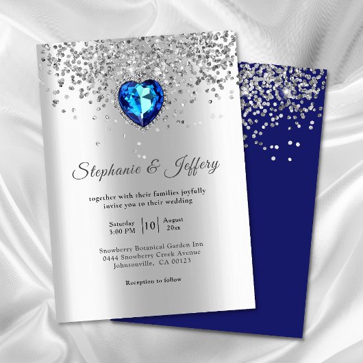 Elegant Silver Blue Heart Diamond Glitter Wedding Kaart