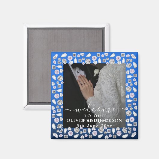 Elegant Silver Blue Heart Diamond Glitter Wedding Magneet (Voorkant / Achterkant)