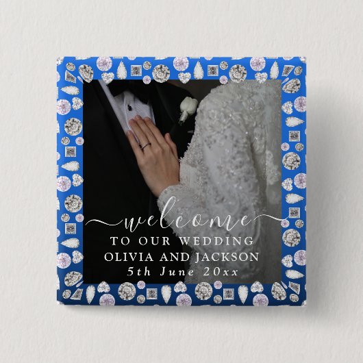 Elegant Silver Blue Heart Diamond Glitter Wedding Vierkante Button 5,1 Cm (Voorkant)