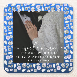 Elegant Silver Blue Heart Diamond Glitter Wedding Vierkante Kartonnen Onderzetter
