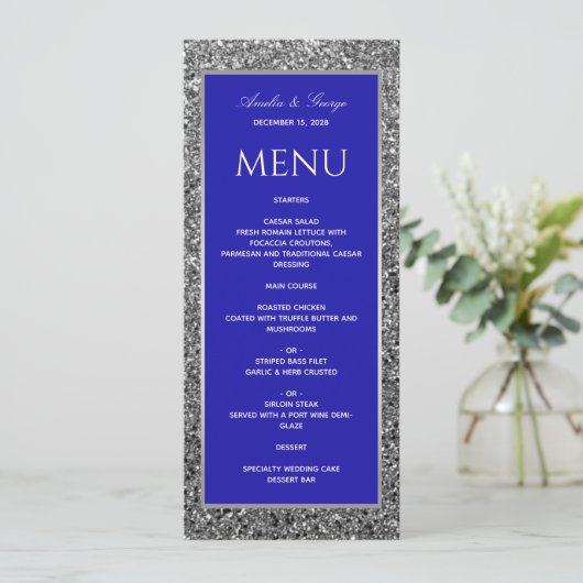 Elegant Silver Blue Wedding Menu (Staand voorkant)