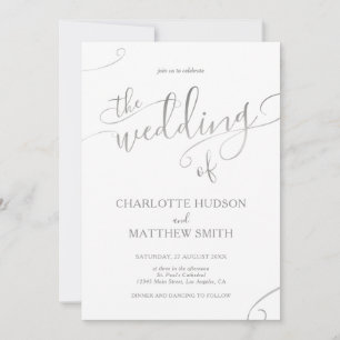 Elegant Silver Calligraphy Wedding Invitation Kaart