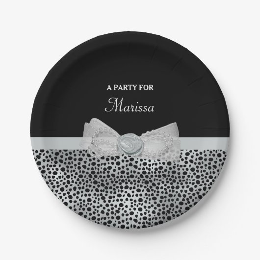 Elegant Silver Cheetah Print Frilly Bow Party Name Papieren Bordje (Voorkant)