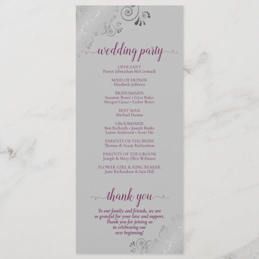 Elegant Silver Curls Cassis Paarse op Grijs Bruilo Programma (Achterkant)