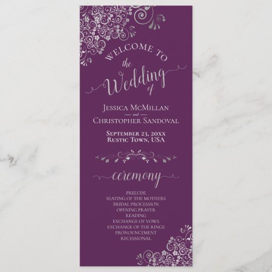 Elegant Silver Curls on Plum Purple Simple Wedding Programma (Voorkant)