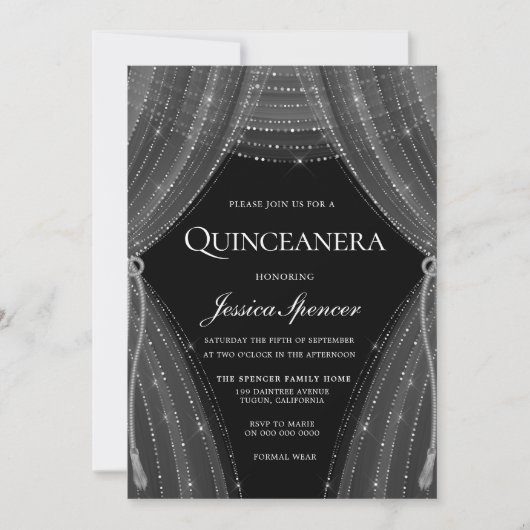 Elegant Silver Curtains Quinceanera Party Invite Kaart (Voorkant)