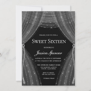 Elegant Silver Curtains Sweet 16 Invite Kaart