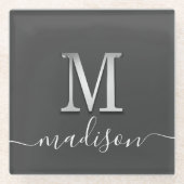 Elegant Silver Custom Monogram M Name Glazen Onderzetter (Voorkant)