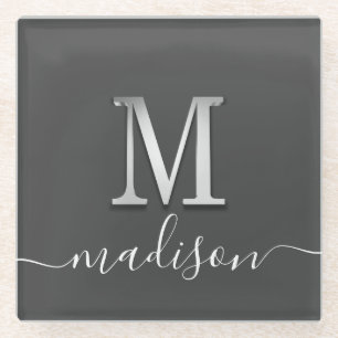 Elegant Silver Custom Monogram M Name Glazen Onderzetter