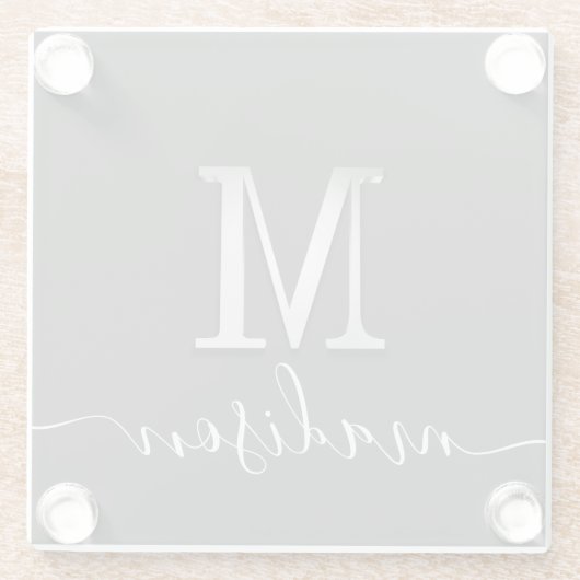 Elegant Silver Custom Monogram M Name Glazen Onderzetter (Achterkant)