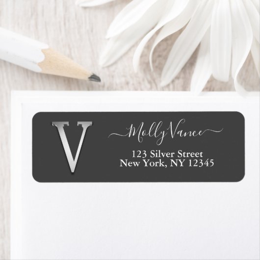 Elegant Silver Custom Monogram V Name Label (Insitu)