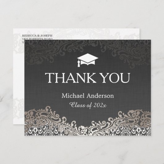 Elegant Silver Damask Afstuderen Hartelijk dank Briefkaart (Voorkant / Achterkant)