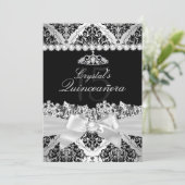 Elegant Silver Damask & Bow Quinceanera Invite Kaart (Staand voorkant)