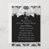 Elegant Silver Damask & Bow Quinceanera Invite Kaart (Achterkant)