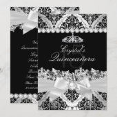 Elegant Silver Damask & Bow Quinceanera Invite Kaart (Voorkant / Achterkant)