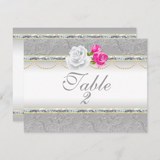 Elegant Silver Damask en roze Rose Table Number Briefkaart (Voorkant / Achterkant)