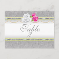 Elegant Silver Damask en roze Rose Table Number