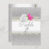 Elegant Silver Damask en roze Rose Table Number Briefkaart (Voorkant / Achterkant)