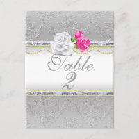 Elegant Silver Damask en roze Rose Table Number