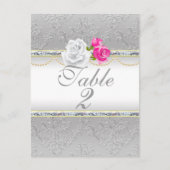Elegant Silver Damask en roze Rose Table Number Briefkaart (Voorkant)