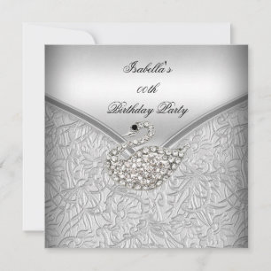 Elegant Silver Damask White Swan Birthday Party Kaart