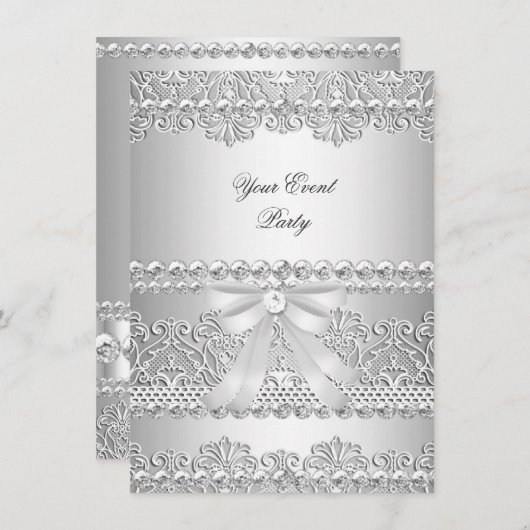 Elegant Silver Diamond White Lace Party Kaart (Voorkant / Achterkant)