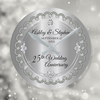Elegant Silver Diamonds 25th Wedding Jubileum Ronde Klok