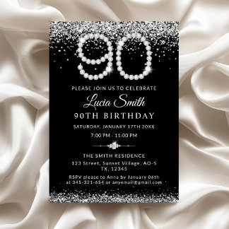 Elegant Silver Diamonds 90th Birthday Party Kaart