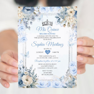 Elegant Silver & Dusty Blue Rozen MIS QUINCE Kaart