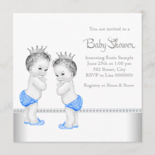 Elegant Silver en Blue Twin Boy Baby shower Kaart