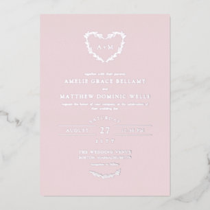 Elegant Silver en Misty Roos Heart Wreath Wedding Folie Uitnodiging