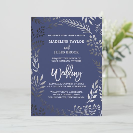 Elegant Silver en Navy | Lafy Lijst Weddenschap Kaart (Staand voorkant)