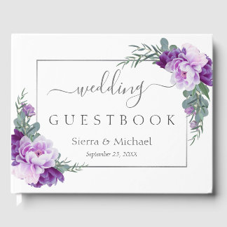 Elegant Silver en Paarse Floral Geometric Wedding Gastenboek