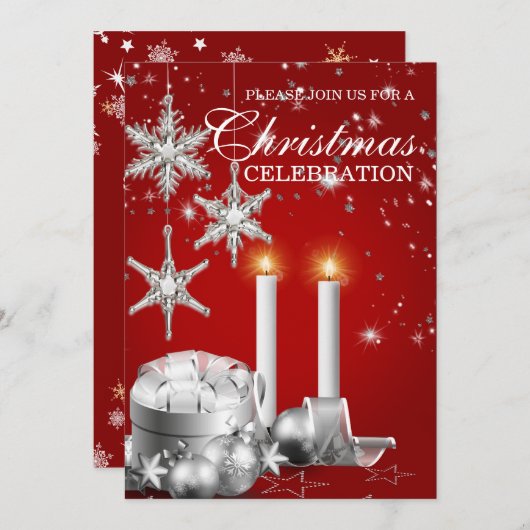 Elegant Silver en Red Kerstparty Uitnodiging (Voorkant / Achterkant)