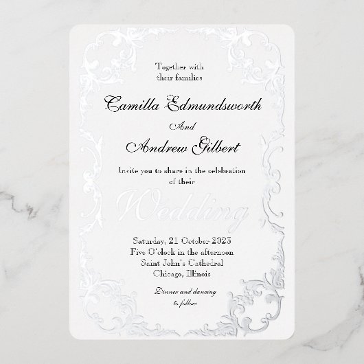 Elegant Silver Flourish Border Wedding Folie Uitnodiging (Voorkant)
