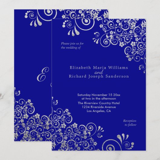 Elegant Silver Flower Swirls Navy Blue Wedding Kaart (Voorkant / Achterkant)