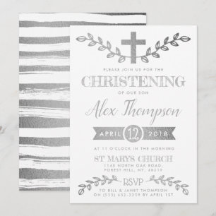 Elegant Silver Foil Cross & Foliage Christening Kaart