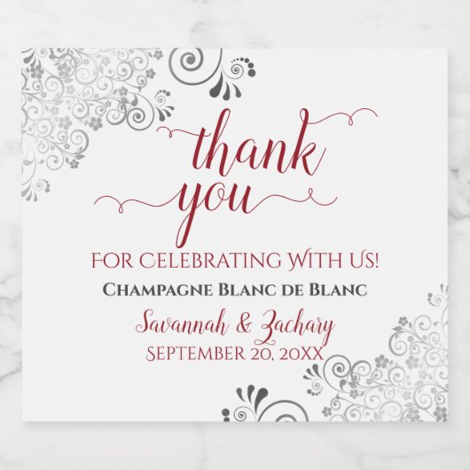 Elegant Silver Frills Red White Weddenschap Hartel Sparkling Wijnetiket (Enkel label)