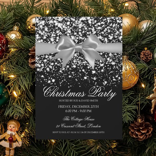 Elegant Silver Glam Bow Christmas Party Kaart