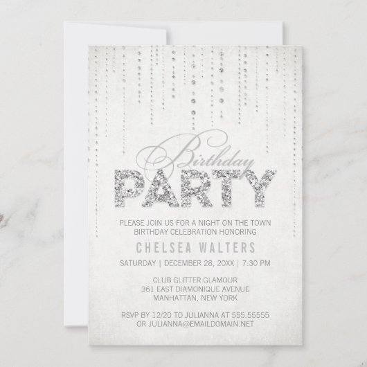 Elegant Silver Glitter Birthday Party Invitation Kaart (Voorkant)