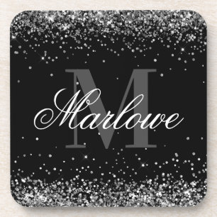 Elegant Silver Glitter Black White Monogram Bier Onderzetter